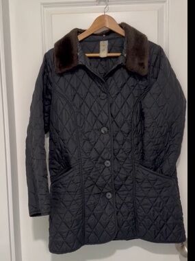 Vintage Jockey | Women’s Nylon Quilted Barn Jacket Black with Brown Faux Fur